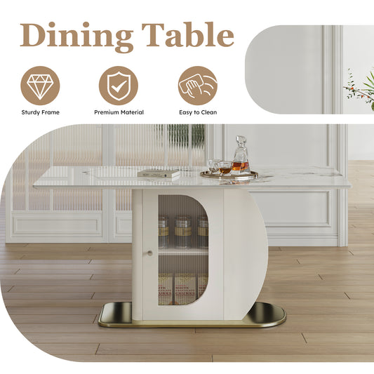63 Modern Dining Table For 4-6 People  Kitchen Table With Storage Shelf & Acrylic Door Cabinet  Sintered Stone Tabletop With Golden Solid Wood Base  Perfect For Apartments And Family Use