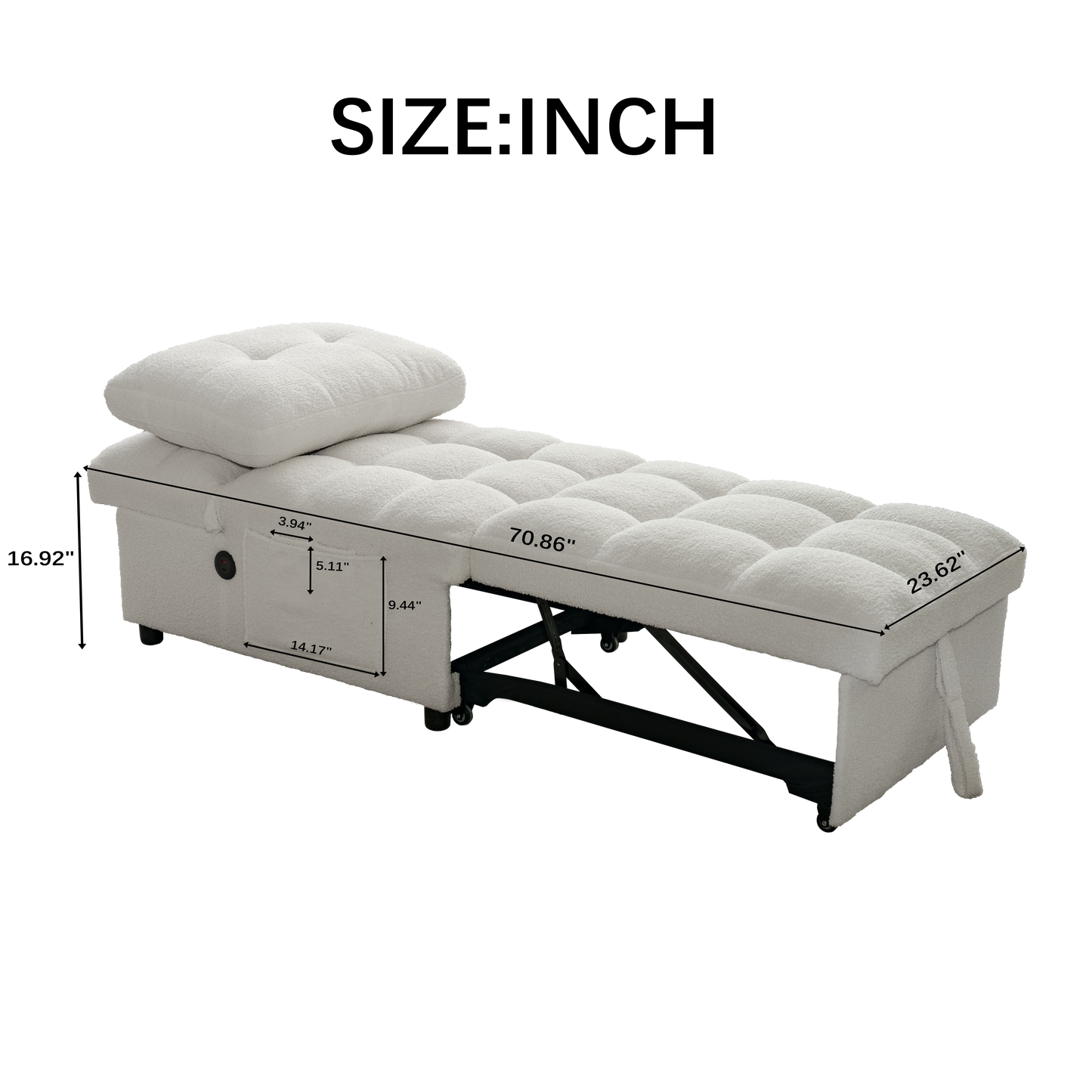 Single Sofa Bed Without Armrests, Soft Teddy Fabric Texture, Skin-friendly, Built-in USB Charging Port, Side Storage Pocket, Adjustable Backrest, Suitable For Small Apartment Living Rooms Or Studies