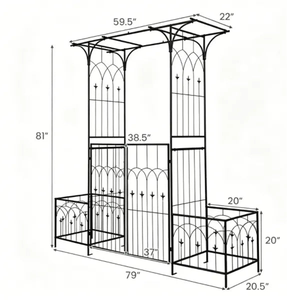 Metal Garden Arbor With Double Lockable Gate, Flat Top Garden Arch With Side Planter Boxes, Powder-Coated Climbing Plant Support