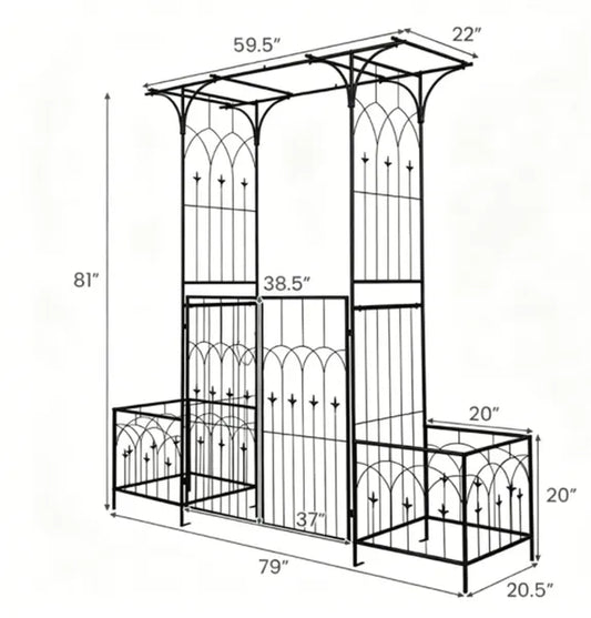 Metal Garden Arbor With Double Lockable Gate, Flat Top Garden Arch With Side Planter Boxes, Powder-Coated Climbing Plant Support