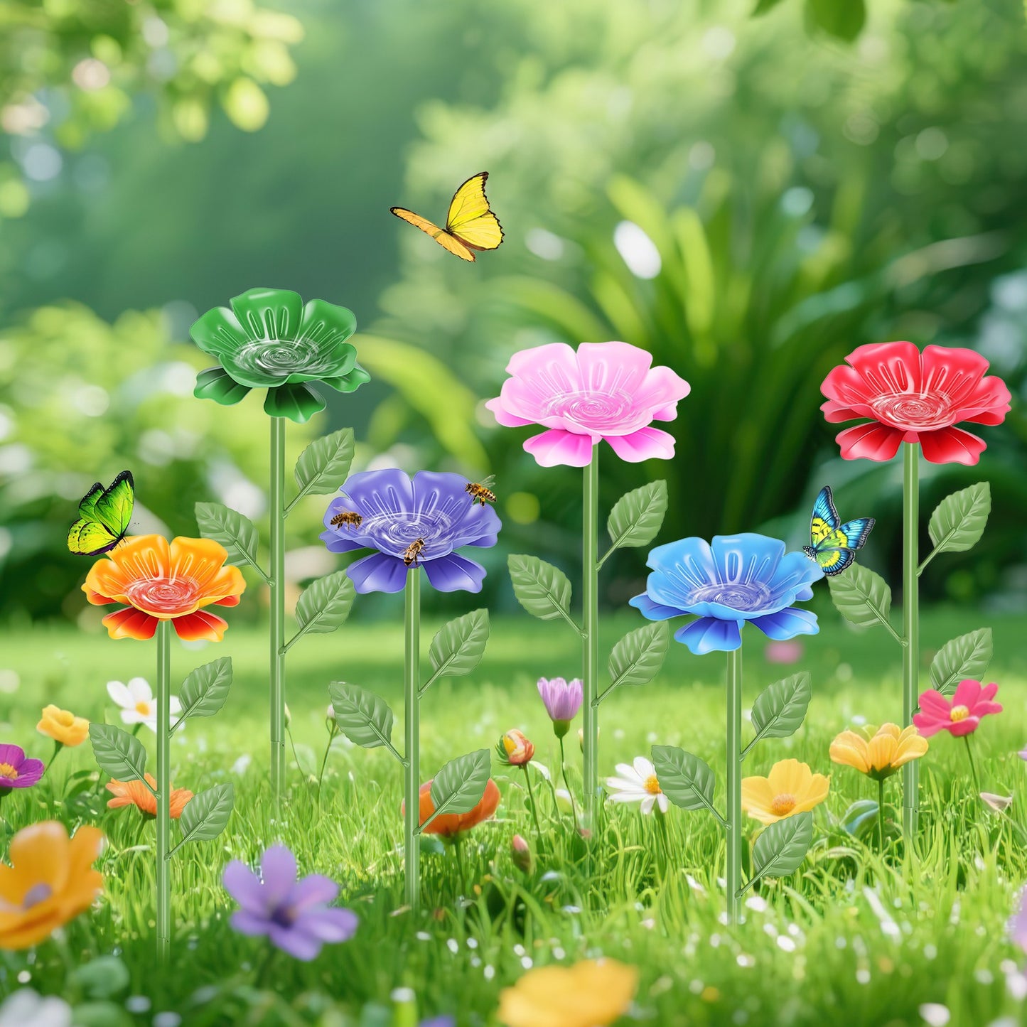 Outdoor Pollinator Water Stakes, Flower Design Bee Butterfly Waterer, Weather Resistant Anti-Drowning Basin For Yard Garden Landscape