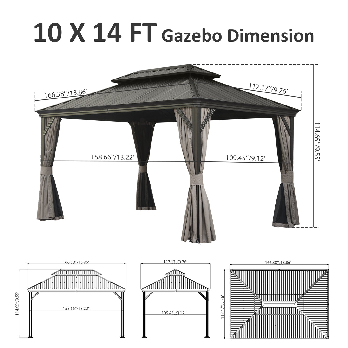 10  X 14  Hardtop Gazebo, Upgraded Metal Gazebo With Drainage System, Dual-Layer Galvanized Steel Roof, Curtain And Netting, Outdoor Shelter Canopy For Patio, Garden, And Backyard, Brown