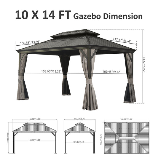10  X 14  Hardtop Gazebo, Upgraded Metal Gazebo With Drainage System, Dual-Layer Galvanized Steel Roof, Curtain And Netting, Outdoor Shelter Canopy For Patio, Garden, And Backyard, Brown
