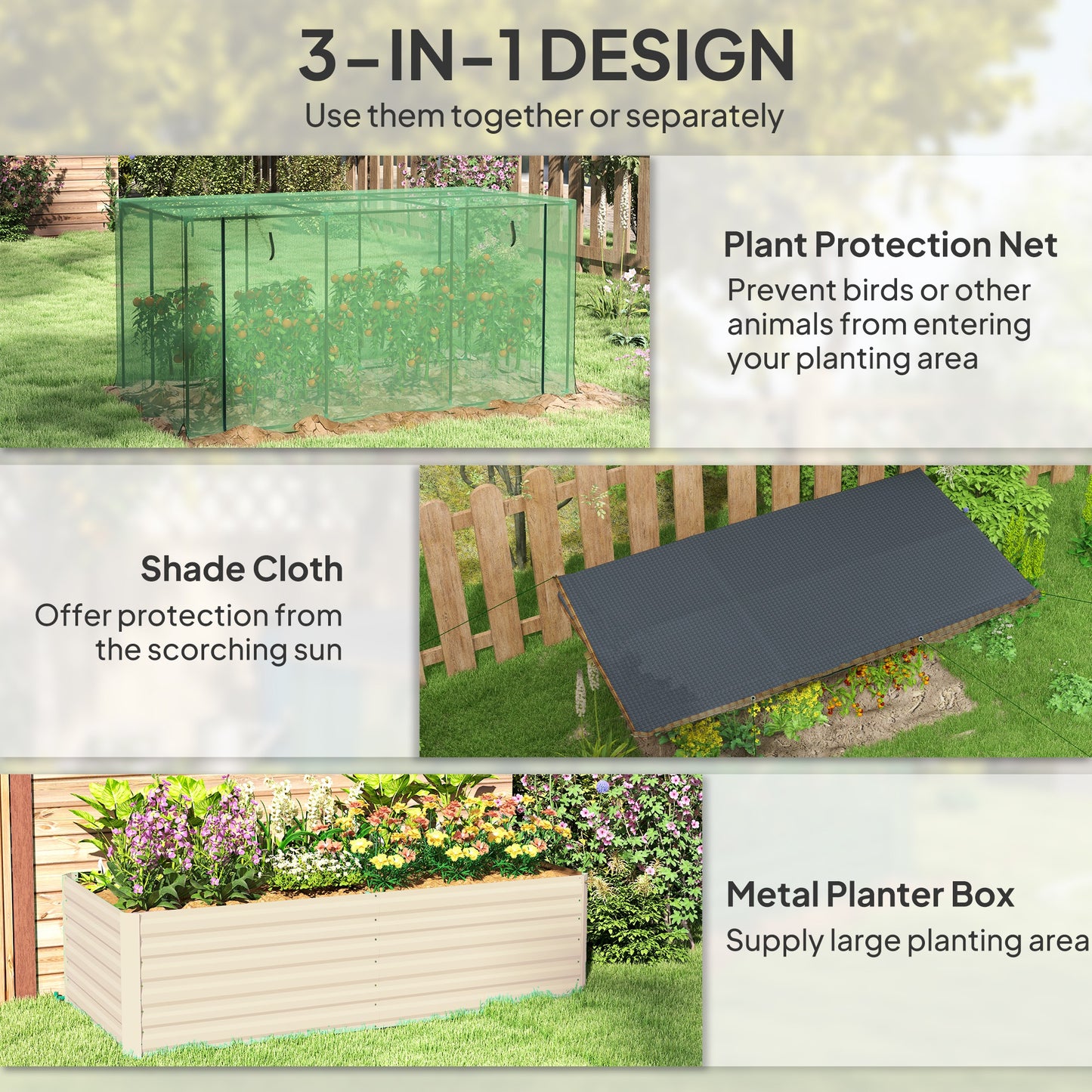 Galvanized Steel Planter Box With Crop Cage And Shade Cloth, Raised Garden Bed For Flowers, Veggies And Herbs, Beige