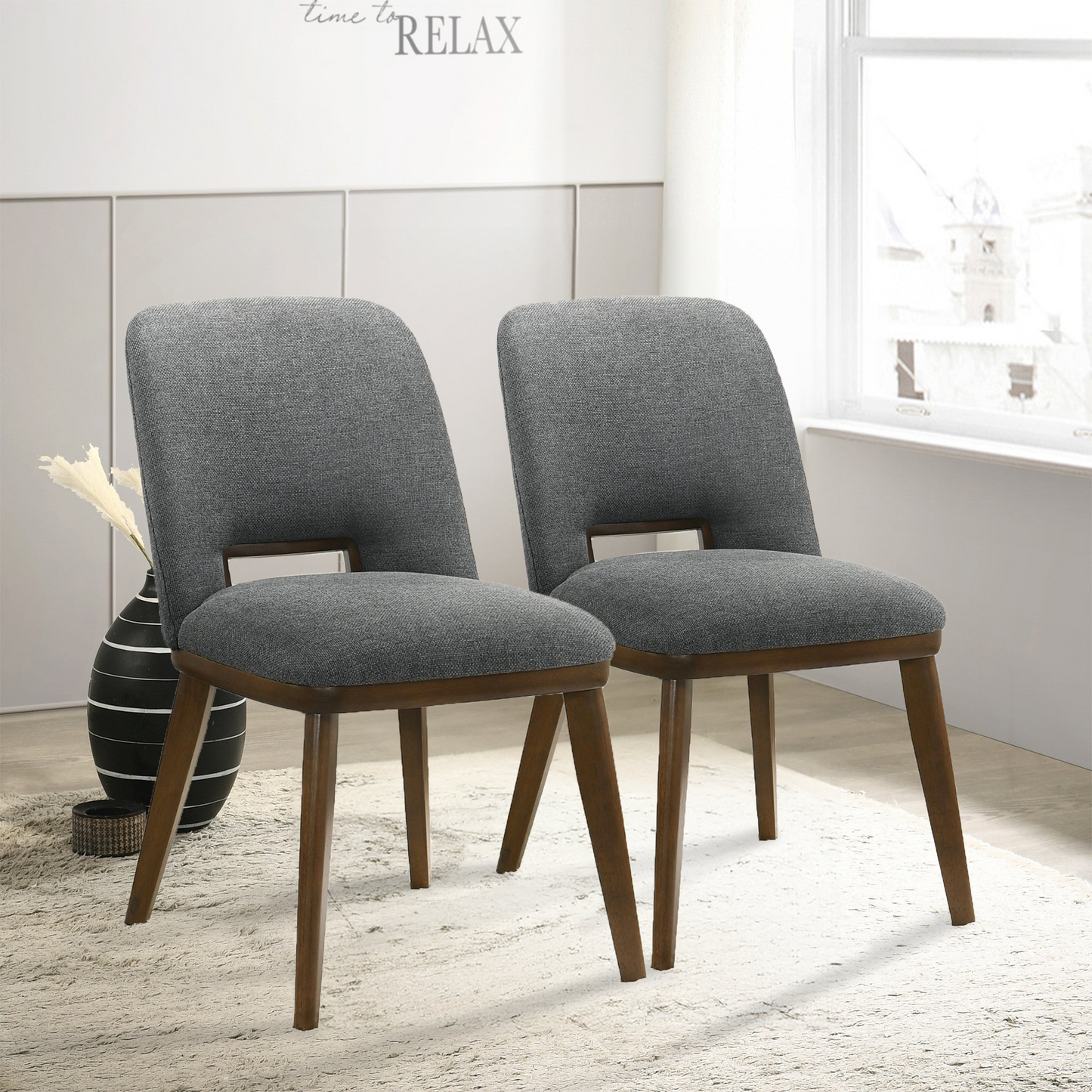 Modern Blake Dark Grey Fabric Dining Chair   Set Of 2   With Walnut Wood Base 33.7  H X 19.3  W X 24.8  D