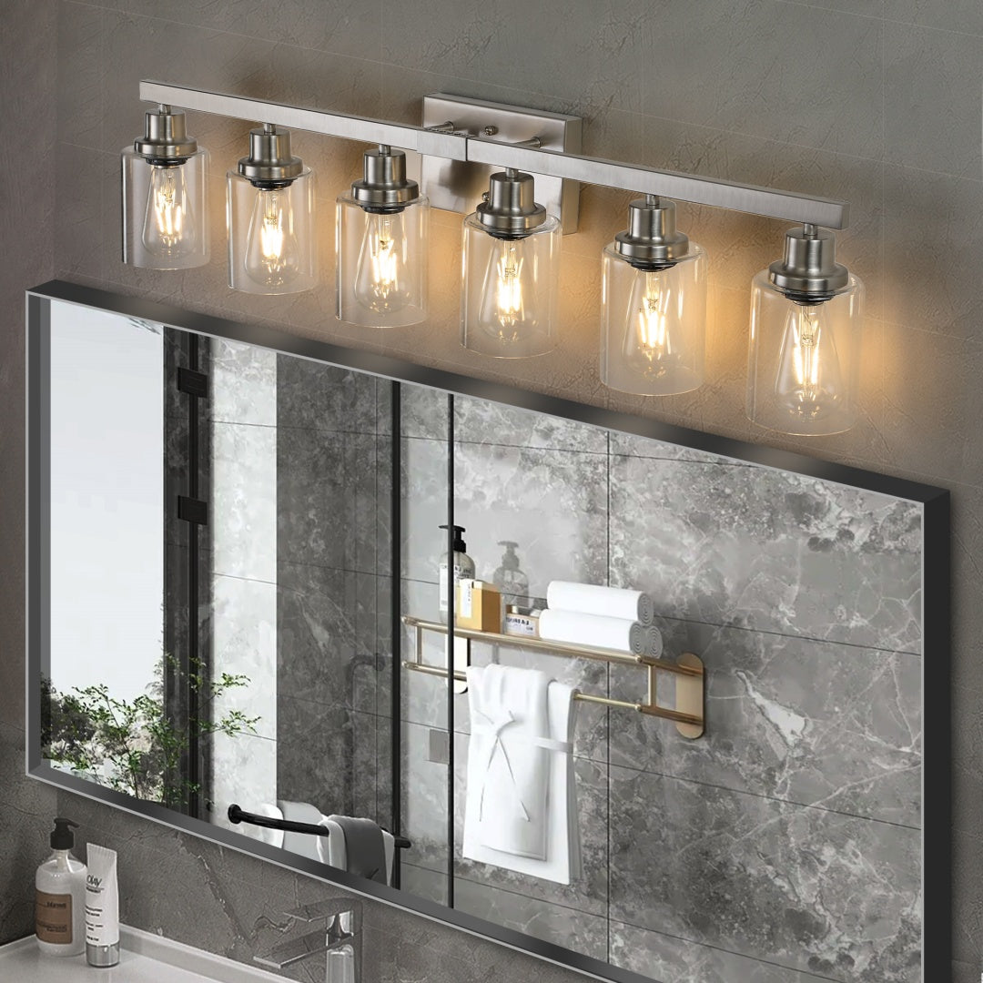 37  Modern 6-Light Bathroom Vanity Light Fixture - Brushed Nickel Finish With Clear Glass Shades, Perfect For Bathroom, Vanity, And Dressing Area Lighting  No Bulbs