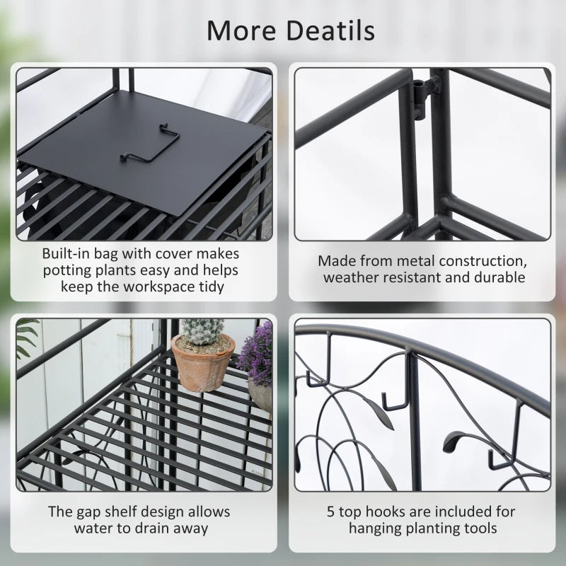 Folding Potting Bench Table, Metal Garden Workstation, Work Bench With Large Built-in Bag With Cover, 5 Hanging Hooks & Storage Shelf, Leaf Pattern